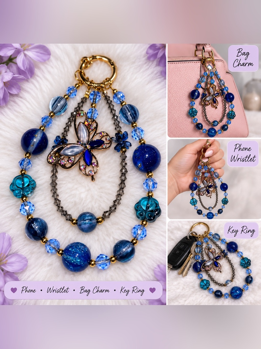 Phone wristlet Blue Crystal Butterfly Bag Charm and Key Ring